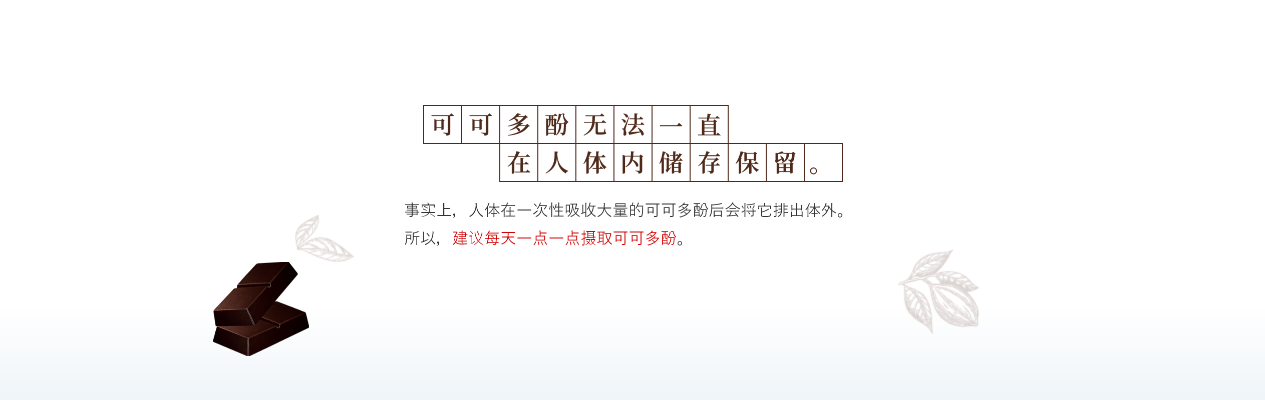 事实上，人体在一次性吸收大量的可可多酚后会将它排出体外。所以，建议每天一点一点摄取可可多酚。